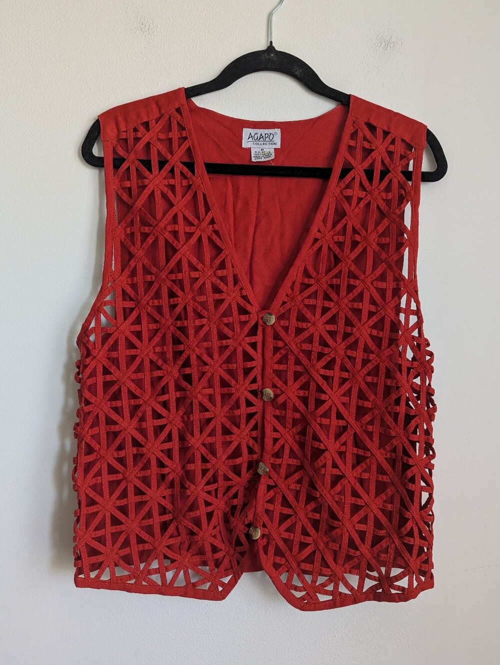 Vintage Indie Latticed Lazer Cut Lace Vest In Scarlet Orange Size M Boho - Picture 1 of 5